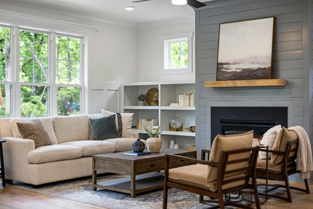 Stylish living room featuring cozy furniture, fireplace, and modern decor.